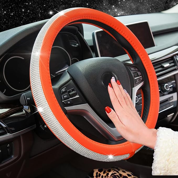 New Diamond Leather Steering Wheel Cover with Bling Bling Crystal Rhinestones, Universal Fit 15 Inch Car Wheel Protector for 
