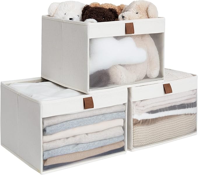 StorageWorks Closet Storage Bins, Large Storage Baskets with Clear Window and Handles, Foldable Fabric Organizer for Clothes,