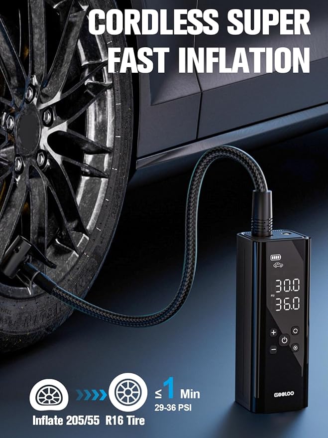 GOOLOO GT150 Tire Inflator Portable Air Compressor，4X Faster 150PSI Cordless Air Pump for Car Tires with Tire Pressure Gauge, Smart Electic Tire Pump with Auto-Shutoff for Pickup, Motor, Bike，Balls