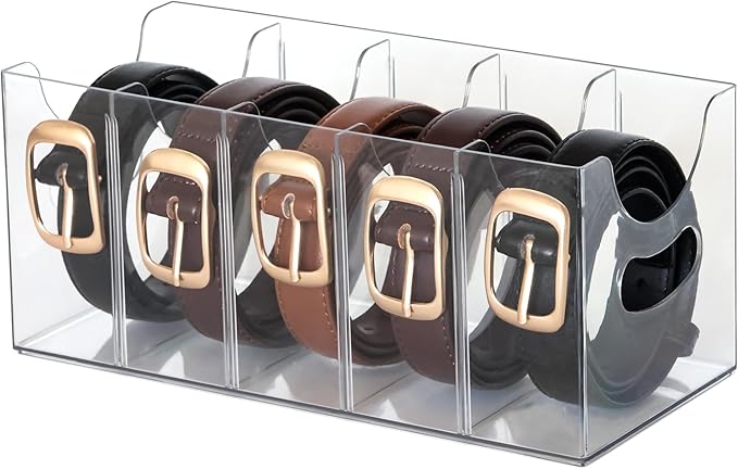 Belt Organizer - Clear Stackable Belt holder for Closet and Drawer Storage - 5 Compartments with Removable Dividers, Multi-Pu
