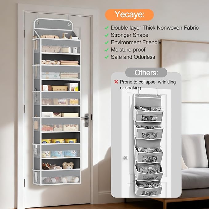 Yecaye 6 Tier Over the Door Organizer, 52.8lbs Capacity Door Organizer Hanging with 12 Mesh Pockets, Behind the Door Storage 
