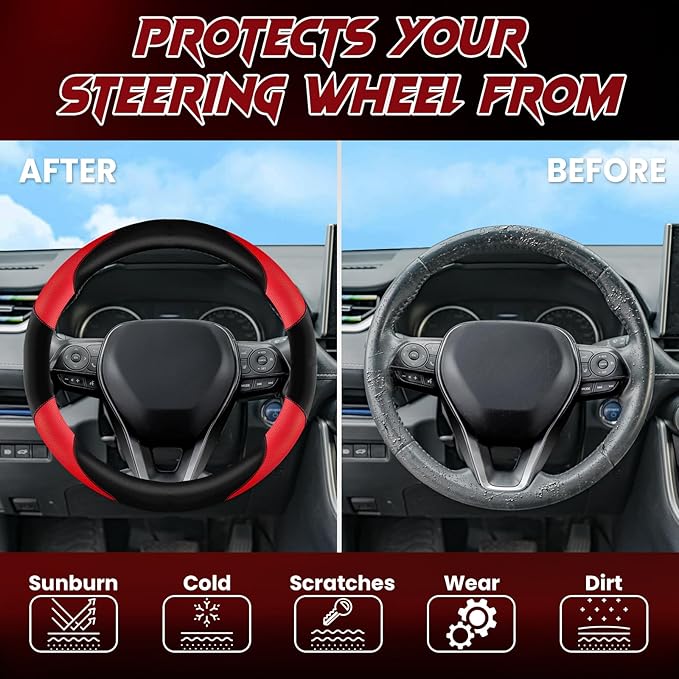 Soft Leather Steering Wheel Cover with Breathable Design and Anti-Slip Grip, Specially Designed for 14.5-15.2 inch Circular S