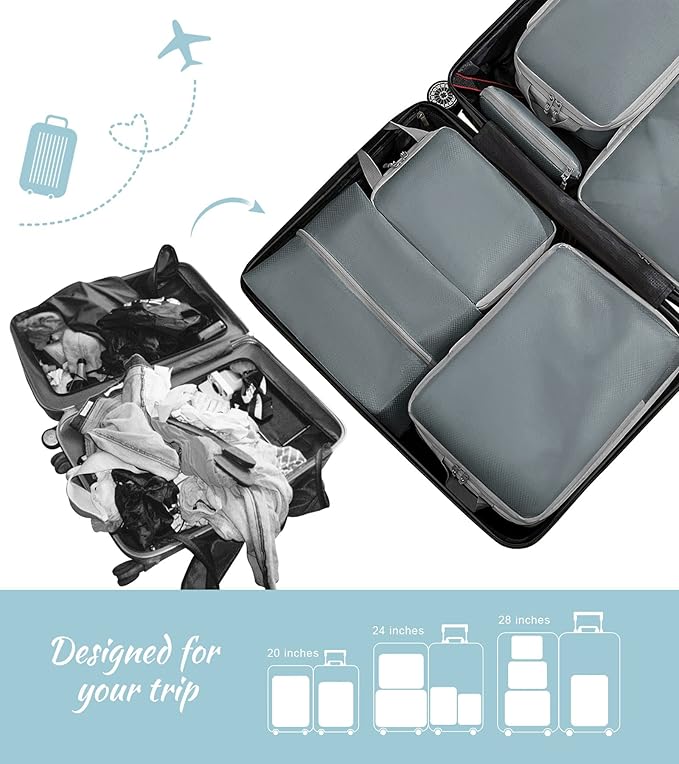 WOOMADA Compression Packing Cubes for Suitcases Travel Essentials 8 Set Expandable Travel Bags Organizer for Luggage(concrete