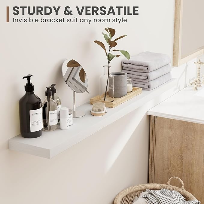 55 Inch Floating Shelves, 8 Inch Deep Floating Shelves for Wall, Hanging Shelf with Invisible Brackets, Deep Shelves for Bath