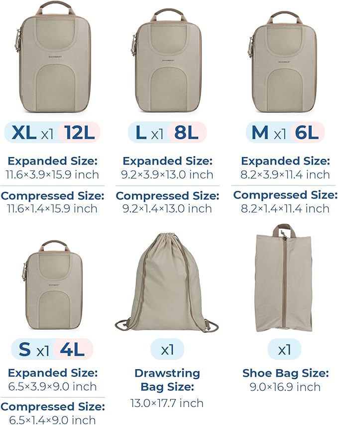 BAGSMART Compression Packing Cubes, 6 Set Packing Cubes for Suitcases, Lightweight Suitcases Organizers Bag Set & Compression