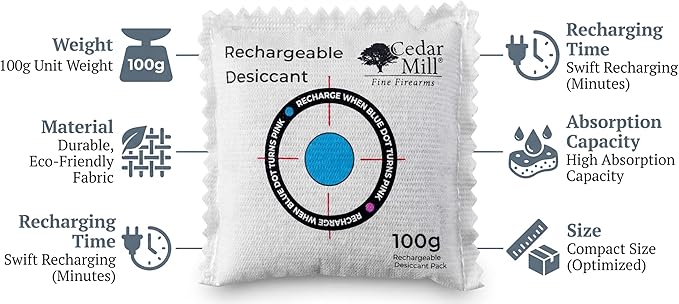 Cedar Mill Fine Firearms Gun Safe Dehumidifier - 100g Rechargeable Desiccant Packs - Reusable Moisture Absorbers for Rifle