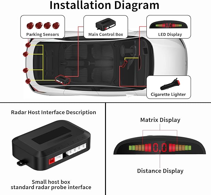 Wireless Parking Sensor, Reverse Radar System with 4 Car Backup Sensors, Wireless LED Distance Display with Sound Warning + 4 Flit Red Color Car Parking Sensor for Auto Vans RV Trailer