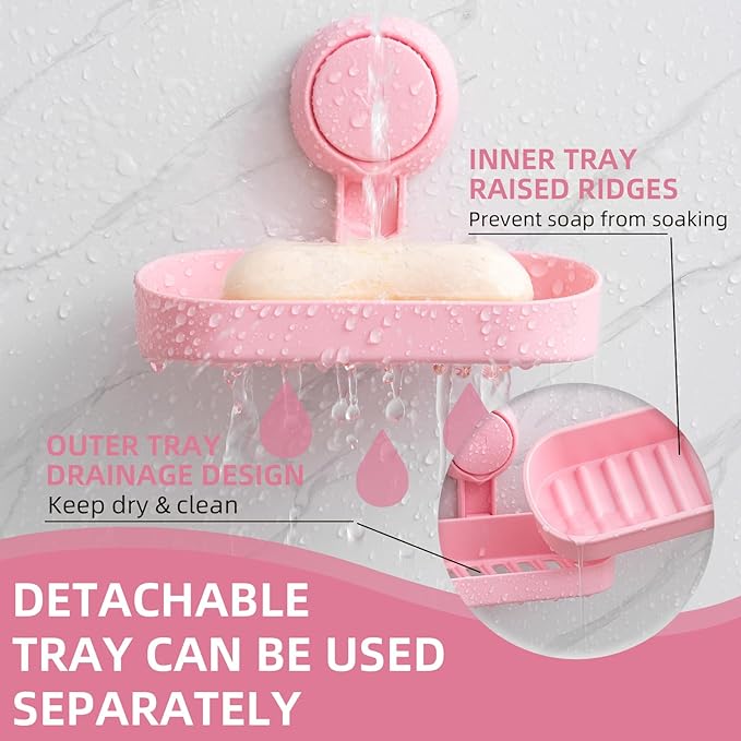LEVERLOC Soap Dish Holder for Shower Suction Cup Wall Mounted Self Draining NO-Drilling Removable Bar Soap Sponge Holder for 