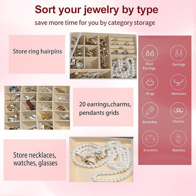 BOOVO Clear Lid Jewelry Box,3 Layers Jewelry Organizer Large Multi-Functional Jewelry Storage Box with 2 Drawers,Jewelry Disp