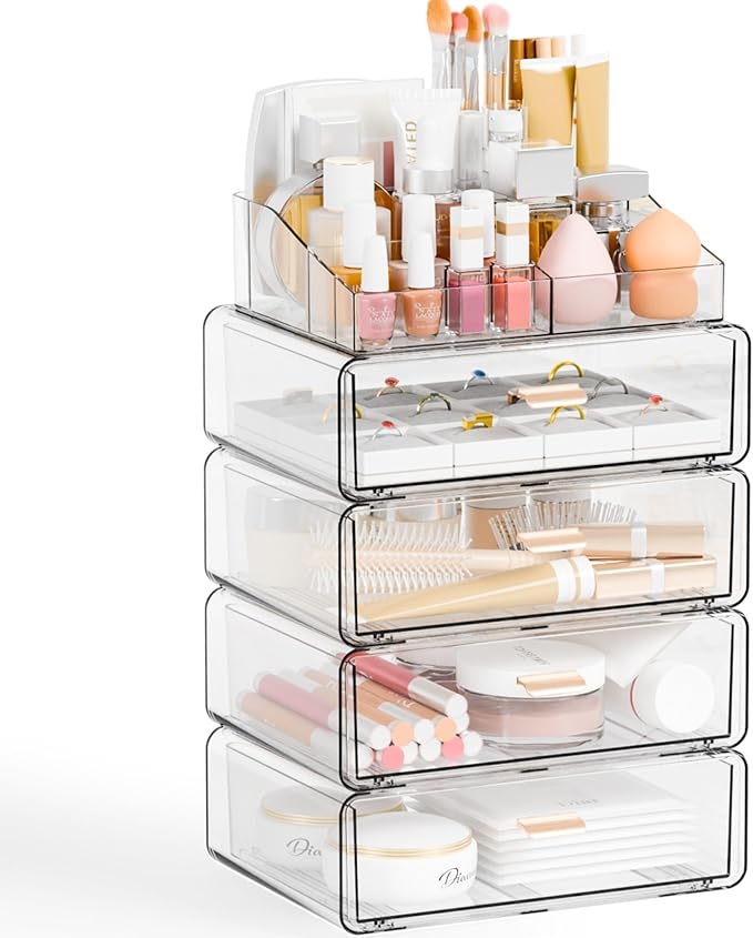 Yieach Clear Acrylic Makeup Organizers Countertop for Dresser,Desk,Bathroom Vanity,5Tier Stackable Make up Holders and Makeup