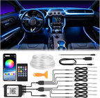 Interior Car LED Strip Lights 400 inches Fiber Optic tubing USB Powered RGB 8 in 1 Car Neon with Wireless APP and Remote Control, Ambient Lighting Kits 16 Million Colors,Sync to Music