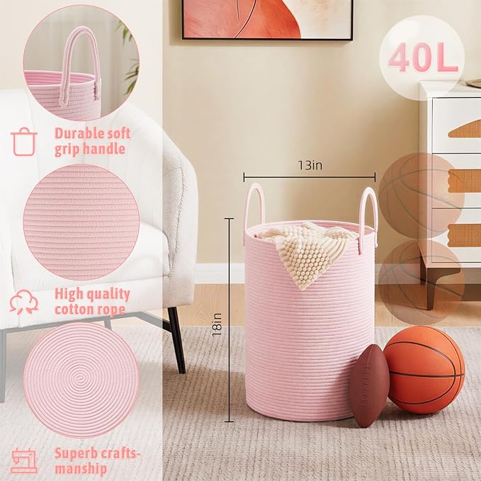 Artfeel Laundry Basket,Woven Cotton Rope Laundry Hamper,40L for Decorative Storage of Dirty Clothes,Toys and Blankets in Bath