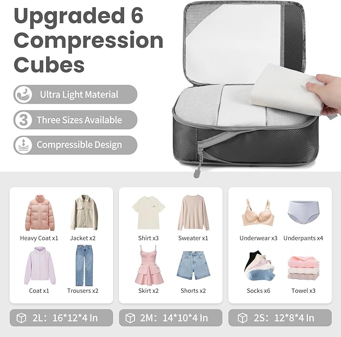 Compression Packing Cubes for Travel, Lightweight Vacation Travel Essentials, Travel Accessories for Suitcase Organizer Bags 