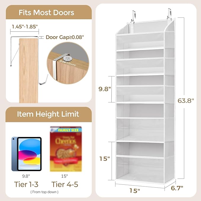 5 Tiers Over Door Organizer with 10 Mesh Side Pockets, 44 lbs Weight Capacity Hanging Storage Organizer with Clear Window Kid