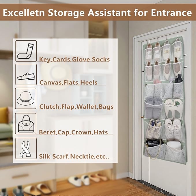 18 Pockets Over the Door Organizer with 4 Kind Pockets,Behind Door Shoes Rack,Back of Closet Storage Organization for Socks,H