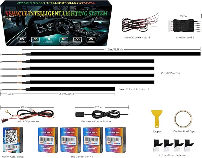 New Version Dreamcolor Acrylic Interior Car Lights 6 in 1 RGB LED Strip Lights with APP Control 252 Color Modes DIY Fiber Optic Ambient Lighting Kits Music Car Neon Light Kits