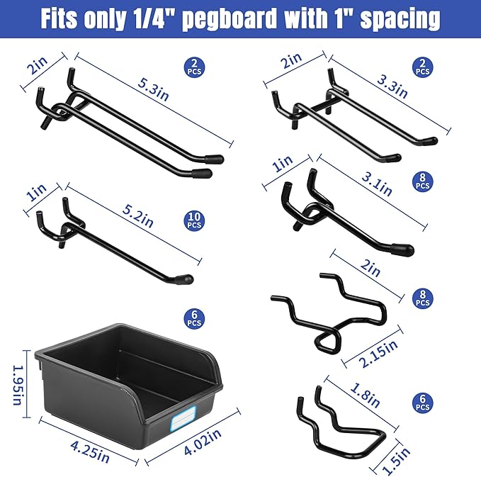 196 PCS Extra Thick 1/4" Pegboard Hooks Set, Heavy Duty Peg Board for Hanging Storage, Black Metal Pegboard Accessories with 