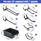 196 PCS Extra Thick 1/4" Pegboard Hooks Set, Heavy Duty Peg Board for Hanging Storage, Black Metal Pegboard Accessories with 