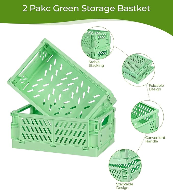 HUUSMOT 2-Pack Small Pastel Plastic Storage Baskets, Collapsible Crates for Organizing, Space-Saving Mini Bins for Classroom,