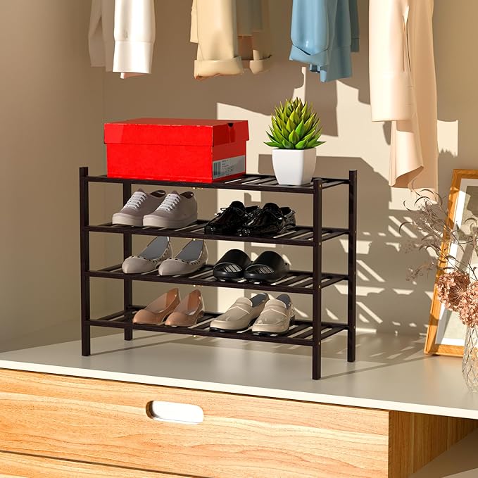 RONGJlA 4 Tier Bamboo Shoe Rack for Closet Free Standing Wood Shoe Shelf Storage Organizer for Entryway Small Space Stackable