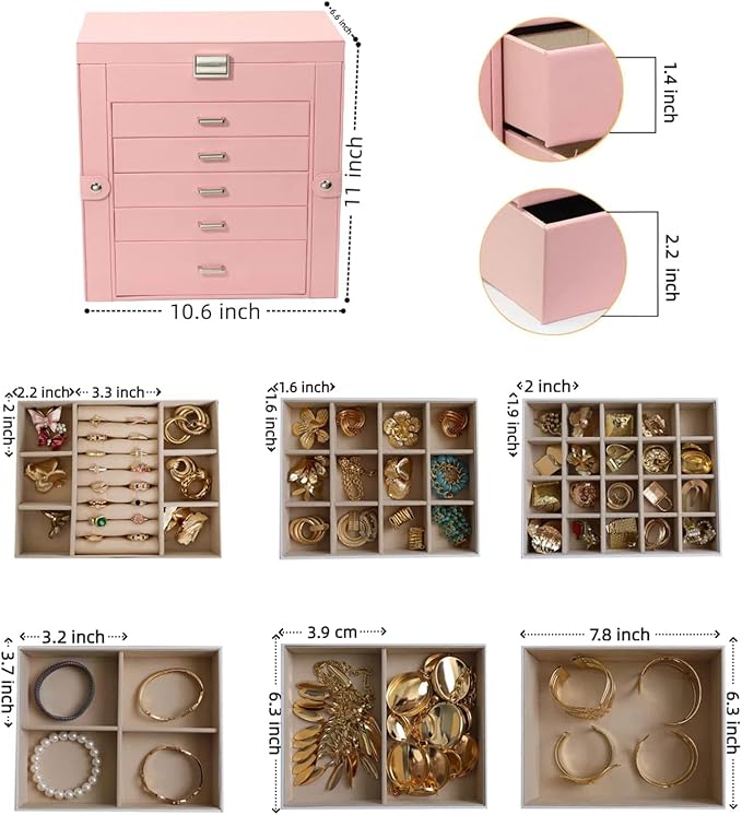 BOOVO Jewelry Box For women, 6 Layer Large Jewelry Organizer With Mirror, Multi-Function Storage Box With Lock, Necklace Hold