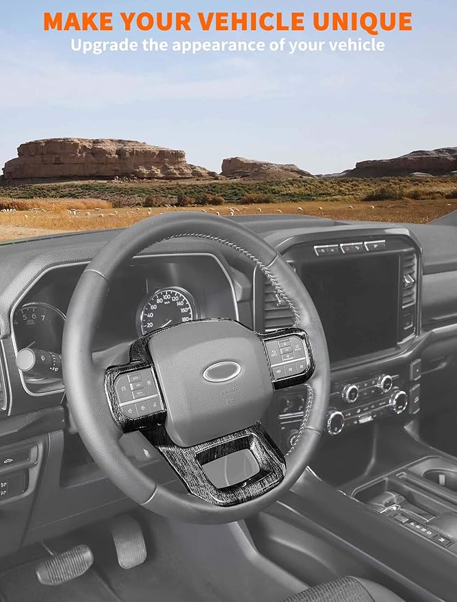 Savadicar Black Wood Grain Interior Accessories - Steering Wheel Trim Cover for Ford F150 (2021-present) - Premium Texture Interior Decor Upgrade Option, 1 PC