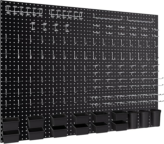 INCLY 226PCS Metal Pegboard Wall Organizer, 48x36 Inch Black Peg Board Panels Tool Organizer Kit with Hooks Bins and Cups, Pe