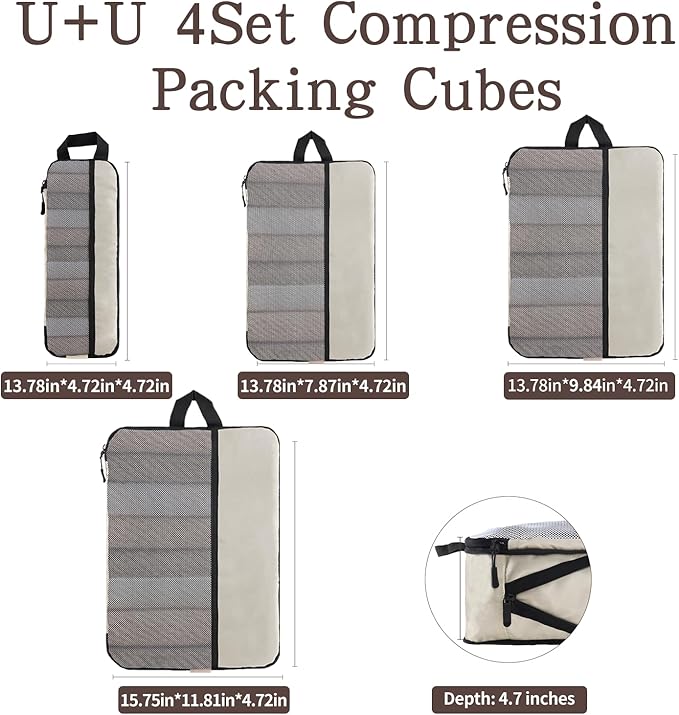 U+U 4 Set Compression Packing Cubes - Ultralight Cream Travel Organizers, Space-Saving Suitcase Organizer, Expandable Packing
