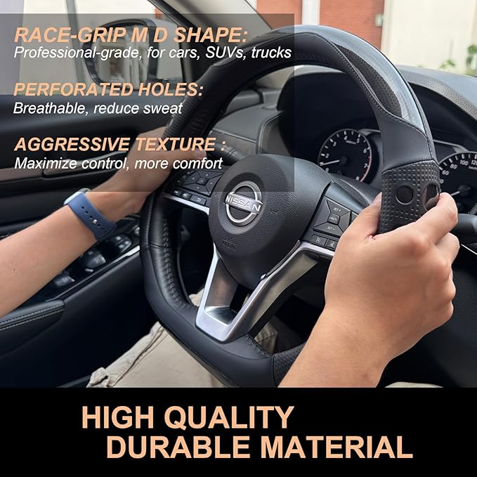 PINCTROT D Shaped Race Grip Steering Wheel Cover, Anti Slip Silicone Perforated Design with Soft Touch Padding, Enhanced Grip for Sporty Driving Flat Bottom 14.5-15 Inch (Racing Black)