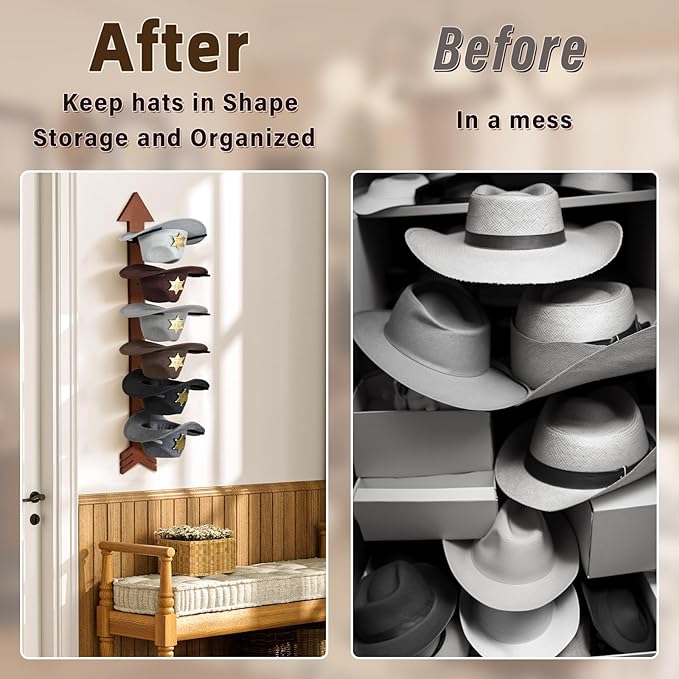 Cowboy Hat Holder for Wall 6 Pieces Arrow Solid Wood with Metal Western Hat Rack Wall Decor Hat Organizer Hanger Storage for 