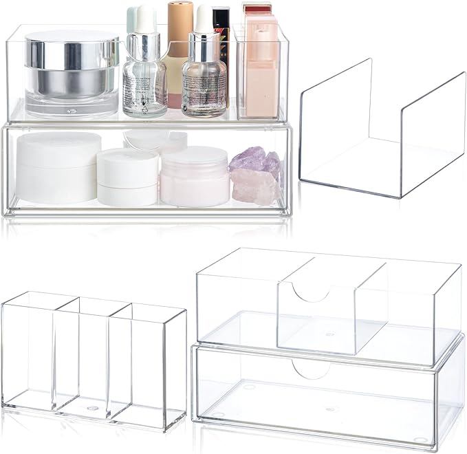 CroBlissful Medicine Cabinet Organizer 4 Tier Stackable Makeup Organizer Tray with 2 Drawers 2 Storage Box 1 Lip Gloss Holder