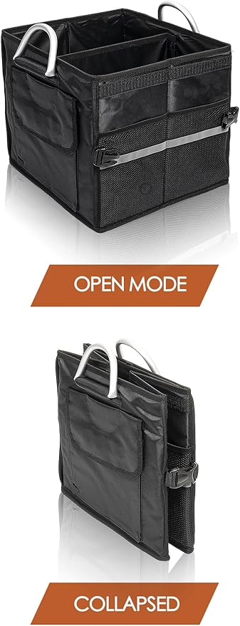 Small Trunk Organizer With Lid, For SUV Car Truck, Black 28L, Foldable Waterproof Oxford Fabric, 2-Compartments With Aluminiu