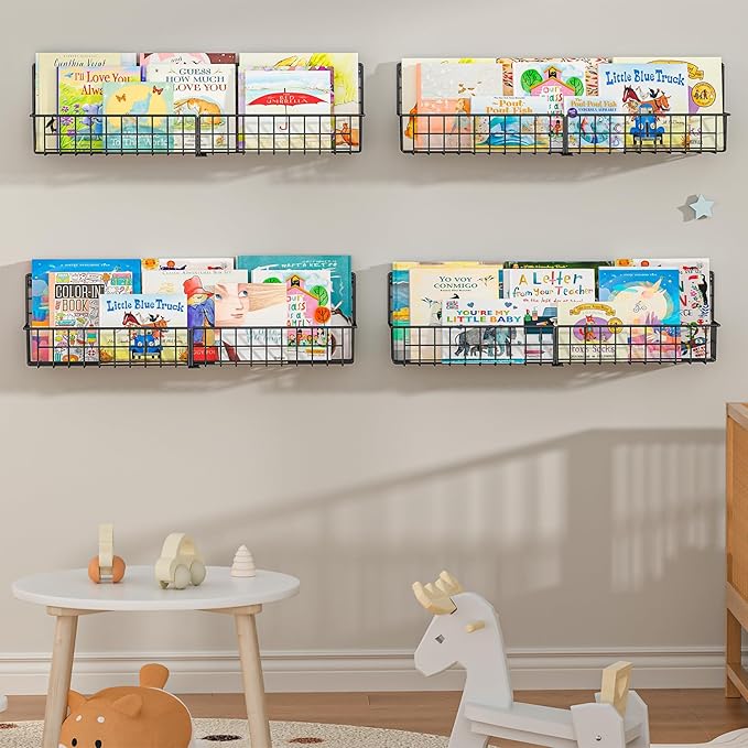 X-cosrack 24 Inch Wall Mounted Kids Bookshelf, Floating Metal Book Shelves for Kids Nursery Toddler Classroom, Hanging Book S