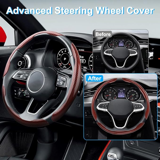 Carbon Fiber Steering Wheel Cover 3PCS, Non-Slip Grip for Universal Cars,Fit for 14–16 Inch Wheels, Interior Accessories for 