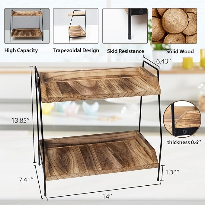 QUALLON Coffee Bar Accessories and Organizer, Coffee Station Organizer 2 Tier Bathroom Counter Organizer, Wood Coffee Tray, B