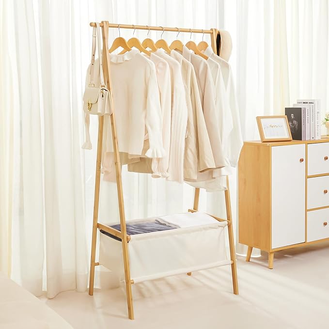 Cozivolife Bamboo Clothes Rack with Storage Box, Garment Holder Clothing Stand for Hanging Coat, Foldable Wardrobe Organizer 