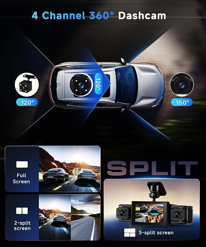 360° Dash Cam Front and Rear Inside Left Right, 4 Channel FHD 1080P Dash Cam for Cars, 3 Inch IPS Dashcams with Night Vision,