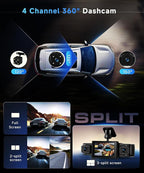 360° Dash Cam Front and Rear Inside Left Right, 4 Channel FHD 1080P Dash Cam for Cars, 3 Inch IPS Dashcams with Night Vision,