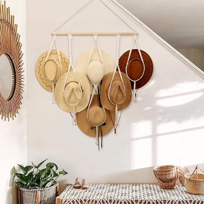 ZYP Macrame Hat Hanger Boho Hat Rack for Wall Hat Holder Display Organizer Bobo Hanging Hat Organizer Storage for Wide Brim H