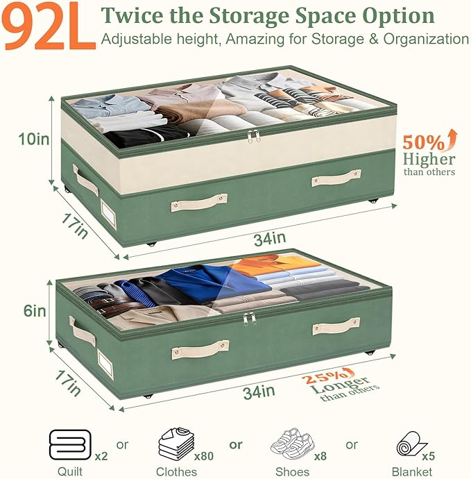 Dolicer 2 Pack Under Bed Storage with Wheels, 6in-10in Height Adjustable Underbed Storage Containers, 92L XXXL Under Bed Draw
