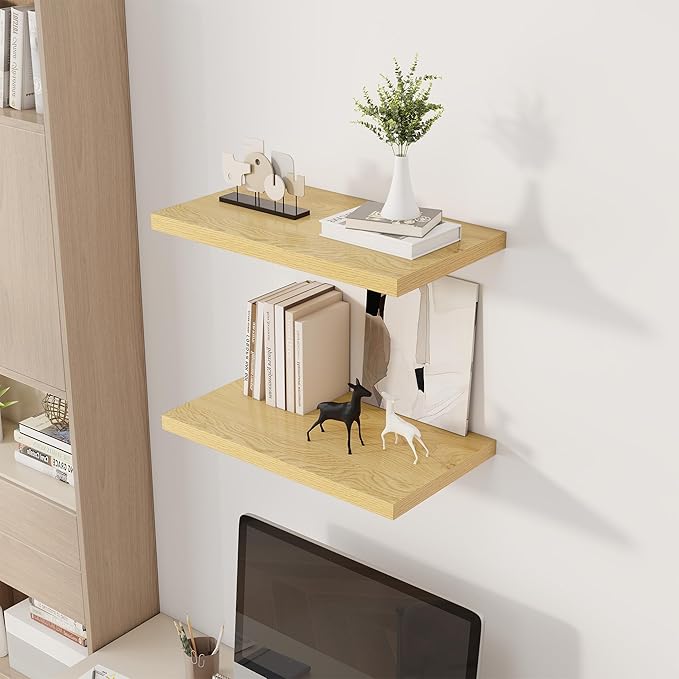 Dreamland 24" Floating Shelves for Wall, 12" Deep Slim Oak Floating Shelves, Wall-Mounted Shelves for Bedroom, Living Room, K