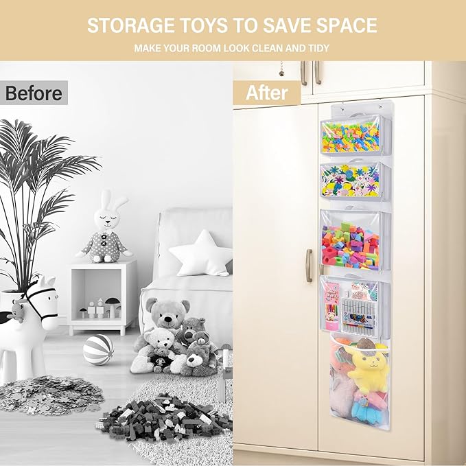 Woodoulogy Hanging Toy Storage over Door, Block Stuffed Animal Organizer Idea with 4 Removable Case Bag, Bi-Fold Closet Holde