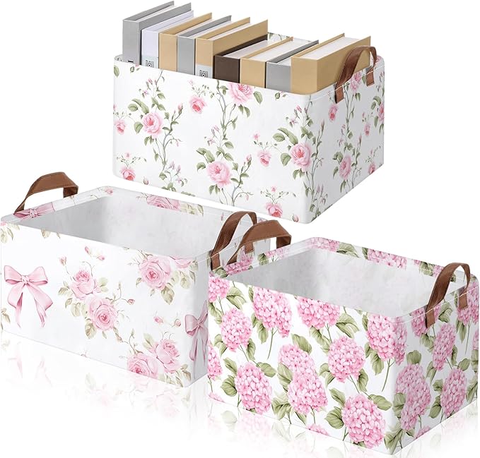Boao 3 Pcs Pink Hydrangea Foldable Storage Baskets Pink Flower Laundry Basket with Handles Waterproof Storage Bins Fabric She
