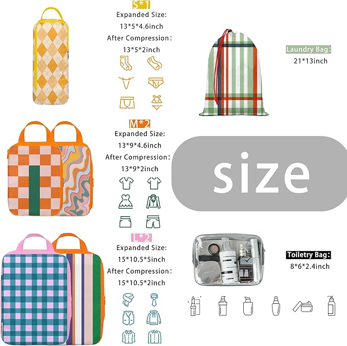 8 Pcs Compression Packing Cubes for Travel, Lightweight Waterproof Luggage Organizer Bags Set, Washable Packaging Cubes for W