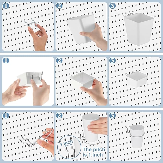 Jinei 12 Pcs Pegboard Bins and Cups with Hooks and Loops Peg Assortment Organizer Accessories Various Tool Organizer Pegboard