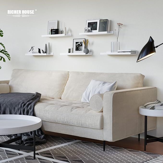 RICHER HOUSE 5 Set White Floating Shelves, Wall Mounted Shelves for Wall Decor, Modern Picture Ledge Shelf with Lip for Stora