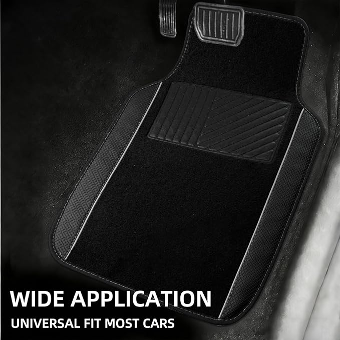 NBTEPEM Waterproof Universal Fit Car Floor Mats, Faux Leather Sporty Car Carpet Mats with Anti-Slip Nibbs Backing & Driver Heel Pad Fit for SUV, Vans, Sedans, Trucks, Set of 4 (Black with Gray line)