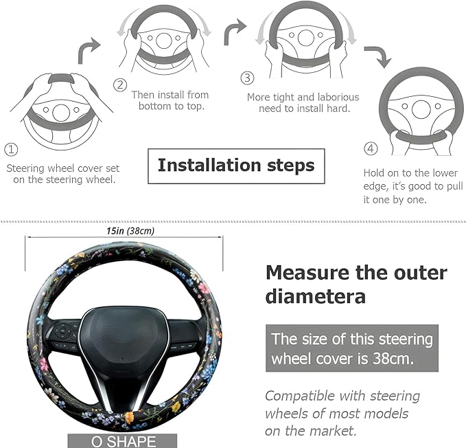 Multicolor Wildflower Steering Wheel Cover Auto Jacquard Steering Wheel Protector, Anti-Slip, Breathable, Absorbing Sweat, Un