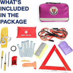 Roadside Car Emergency Kit - First Aid Set, Jumper Cables, Tow Strap, LED Flash Light, Rain Coat, Tire Pressure Gauge, Safety