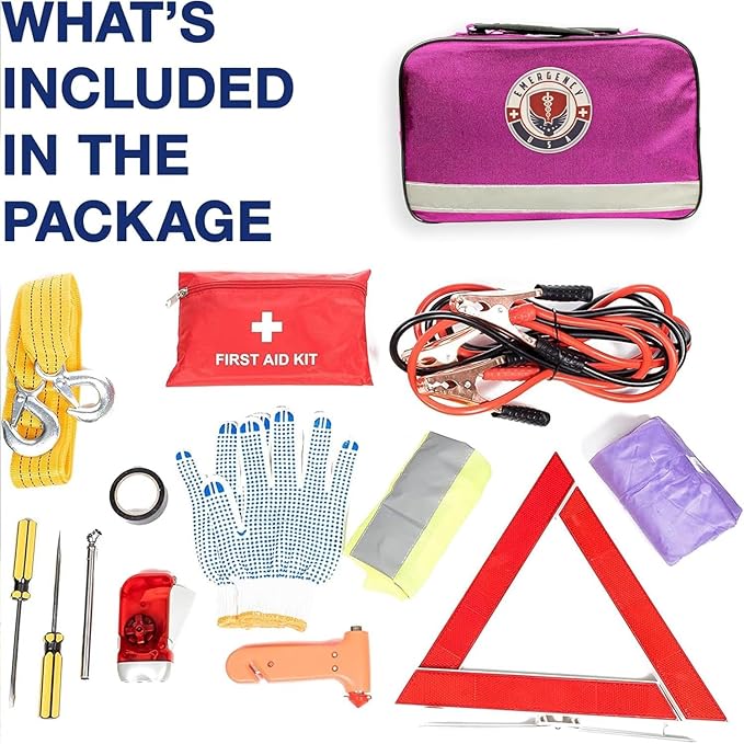 Roadside Car Emergency Kit - First Aid Set, Jumper Cables, Tow Strap, LED Flash Light, Rain Coat, Tire Pressure Gauge, Safety